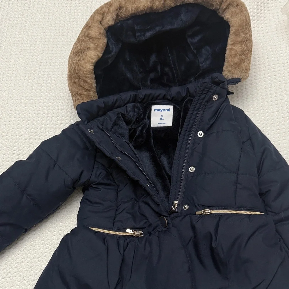 Mayoral Dark Blue Puffer Jacket with Brown Trim - Picture 1 of 5